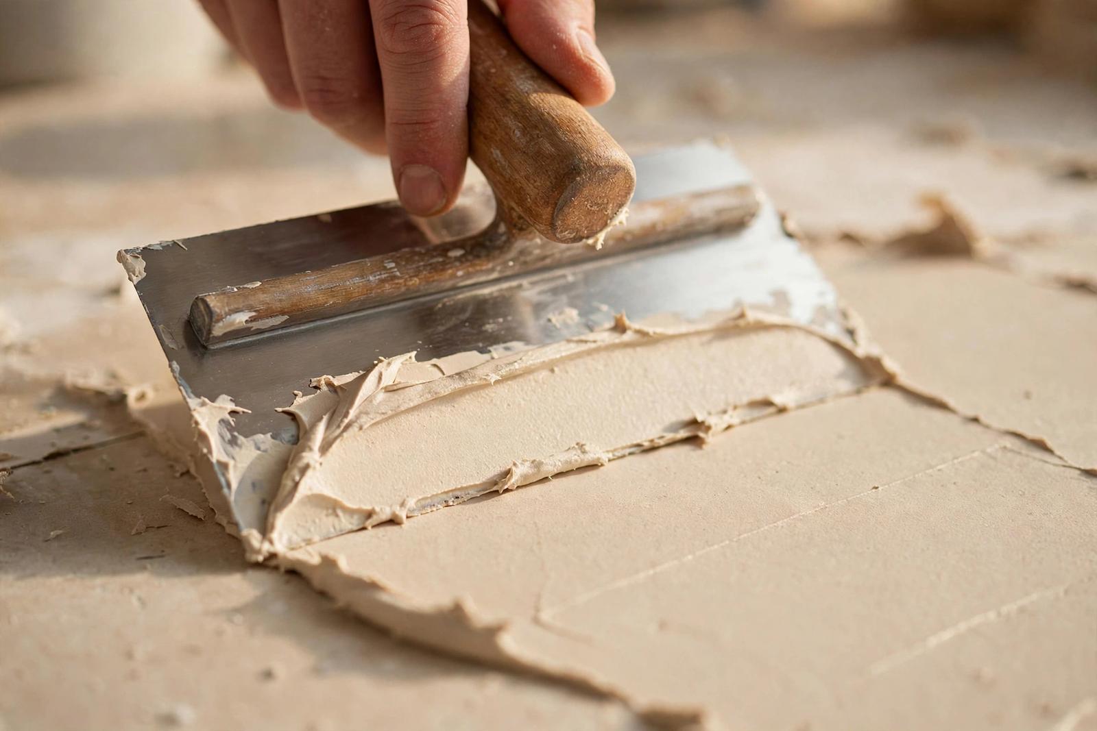 Trowel spreading a smooth skim coat of joint compound over drywall